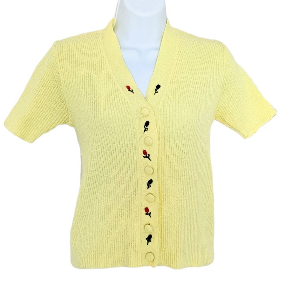 Vintage Y2K Ribbed embroidered yellow shirt top buttons Small XS @F1